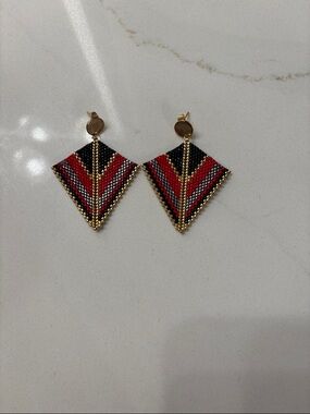 Source Unknown Beaded Chevron Drop Earrings - Red, Black & Gold